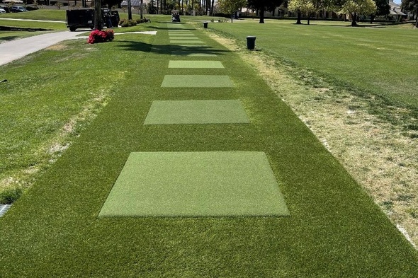 Los Angeles and Southern California Outdoor tee line with light green synthetic grass boxes inside a dark green synthetic grass strip